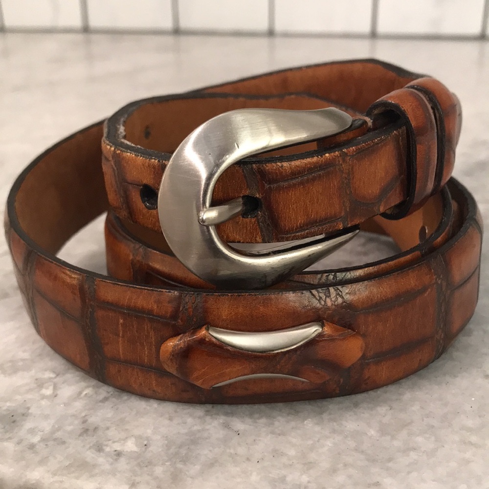 Remo Tulliani Western Belt Mens 36 Brown Italian Calfskin Leather Embossed Croc